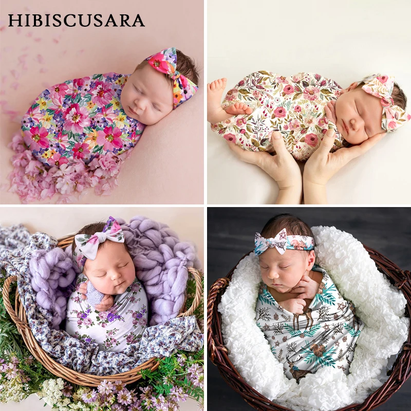 Floral Baby Wrap Photography Infant Wraps Swaddle With Headband Bebe Boy Girl Photo Blanket Soft Stretch Fabric