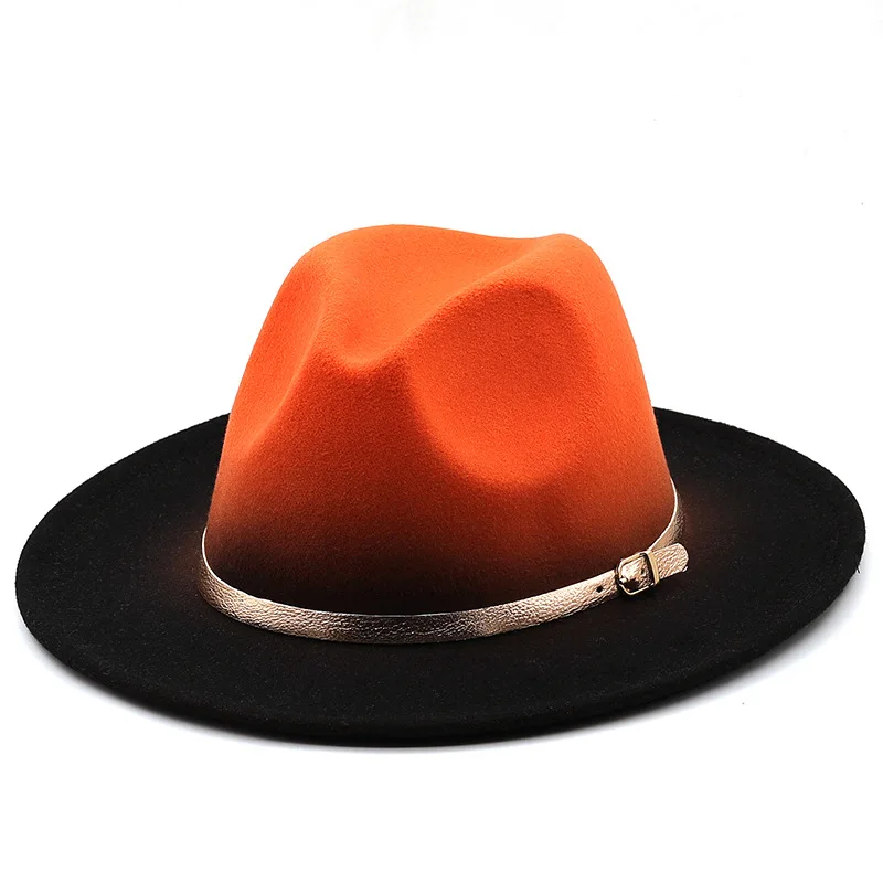 Sombrero de ala ancha con degradado naranja para mujer, sombrero con cinturón dorado para iglesia, sombrero de fieltro Panamá, sombrero artificial de Jazz de estilo británico