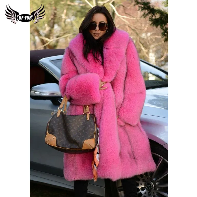 BFFUR Natural Real Fur Coats Women Winter Fashion Full Pelt Genuine Fox Fur Jackets With Big Lapel Collar Warm Overcoats