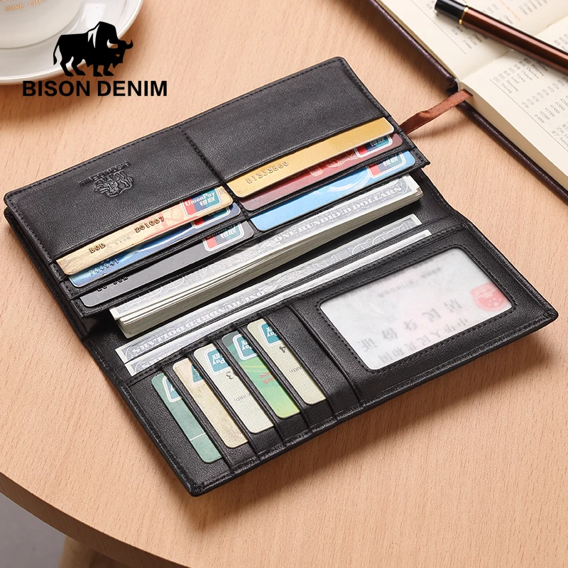 BISON DENIM luxury genuine leather men wallets long slim bifold credit card holder purse wallet