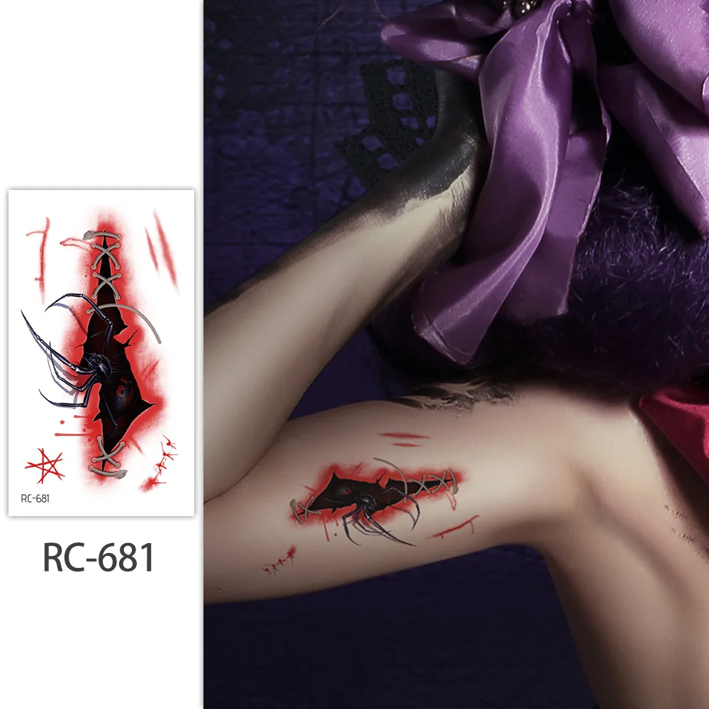Tatouages temporaires imperméables et réalistes, étiquettes de tatouage, cicatrices de taches de sang, pieuvre, araignée d'horreur d'halloween, vente en gros, livraison directe