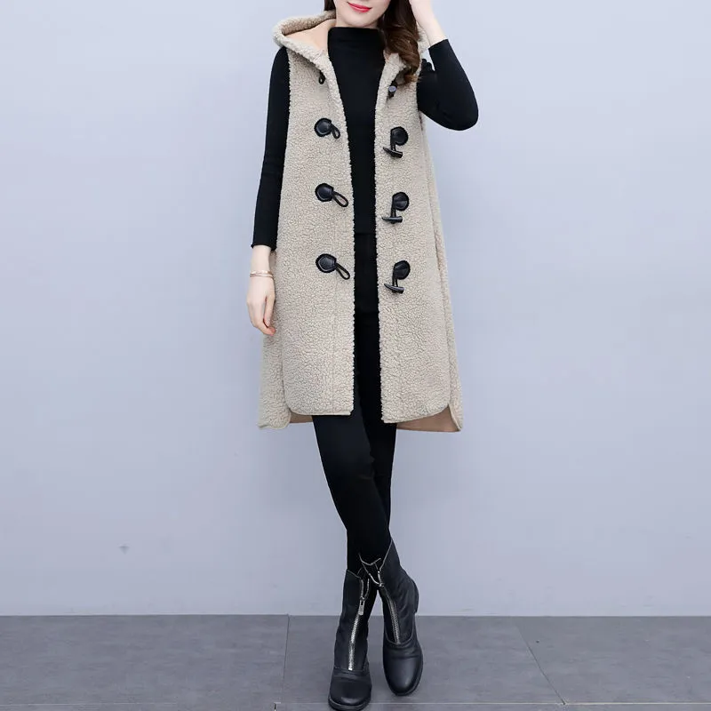 5XL Women Lamb Wool Vest 2022 Autumn Winter Mid-length Waistcoat Female Hooded Sleeveless Coat Warm Sleeveless Jacket