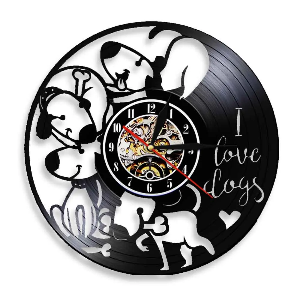 Dog Breed Vinyl Record Wall Clock Animals Dog Doggy Puppy Silhouette Shadow Wall Clock 3D Wall Watches Modern Wall Art Decor