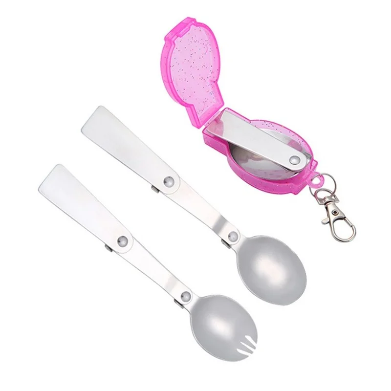 

Outdoor Folding Camping Dinnerware Stainless Steel Pocket Foldable Spoon Fork Utensil Picnic Cookware Tableware with Box Keyring