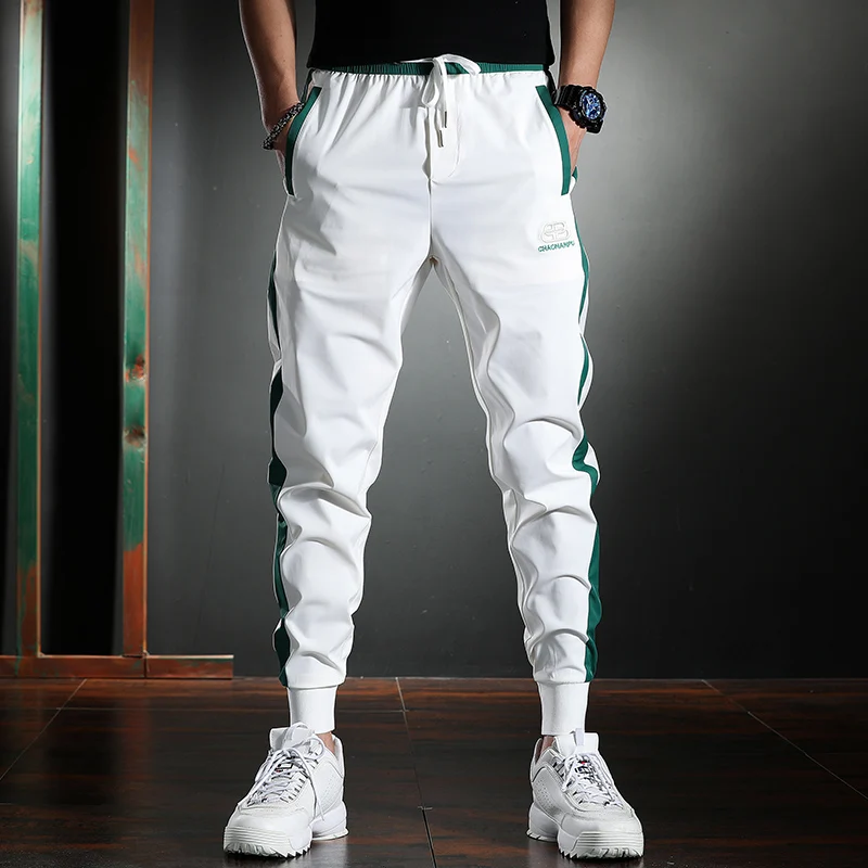 Men's Thin White Striped Pants Summer Casual Slim Sport Pencil Pants Fashion Embroidery Ice Silk Joggers Trousers