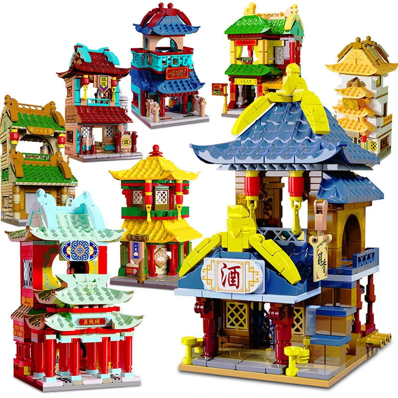 

MOC City Street View Architecture Chinese Tradition Tavern Smithy Tea Fabrics Shop Bun Building Blocks Model Toy Birthday Gift