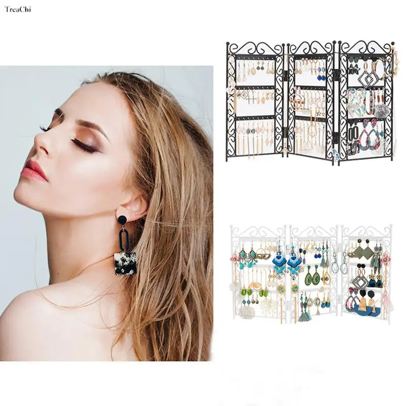 72 Holes Earring Display Stand Metal Jewelry Organizer Foldable Fence Hanging Necklace Rack Chain Bracelet Storage lady Desktop