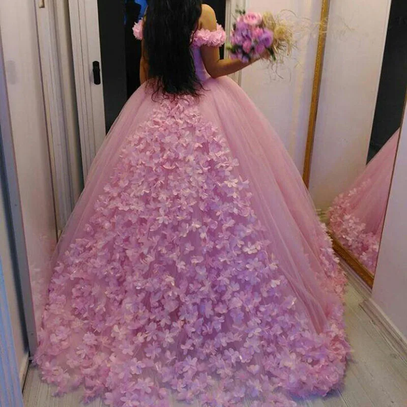 Sodigne Quinceanera Jurken Baljurk Off Shoulder 3D Rose Bloemen Puffy Roze Zoete 16 Jurk Celebrity Partij Jassen Graduation