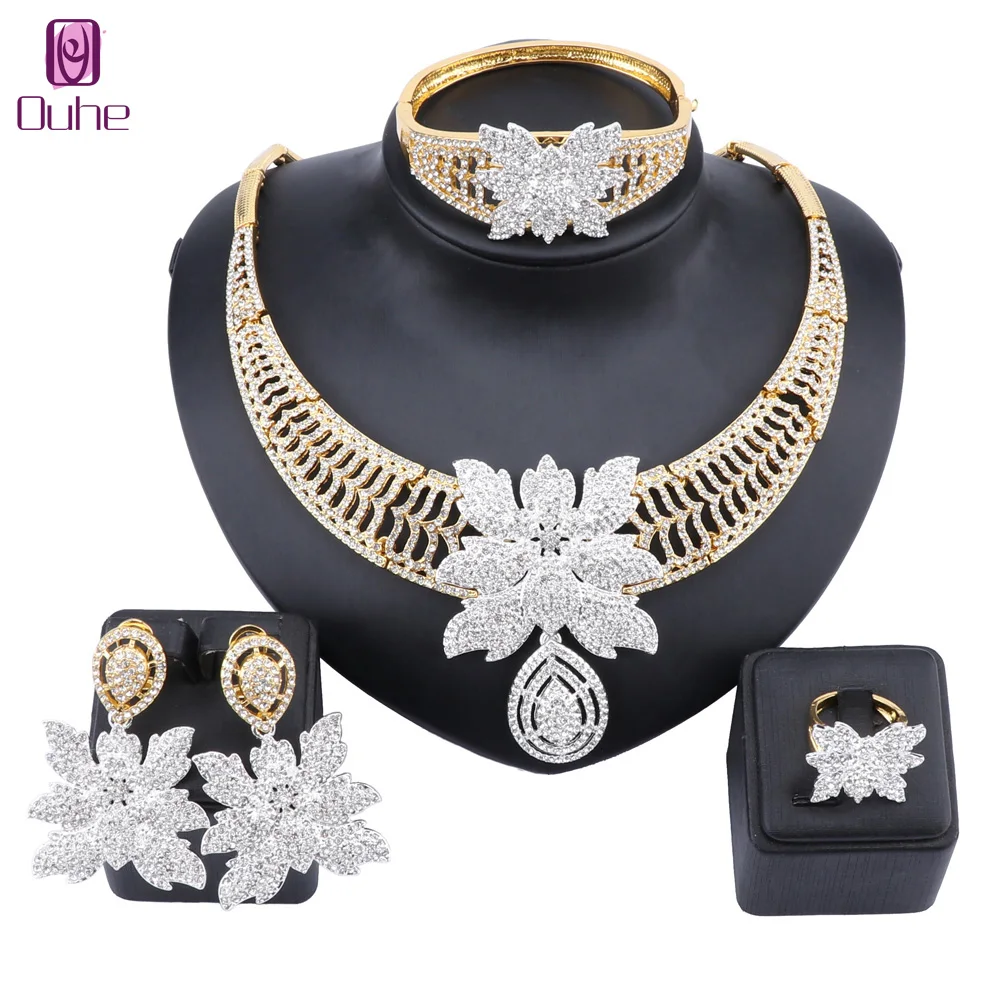 Vintage Suit Turkish Jewelry Flower Crystal Earrings Necklace Ring Bangle For Women Nigerian Wedding African Beads Jewelry Set