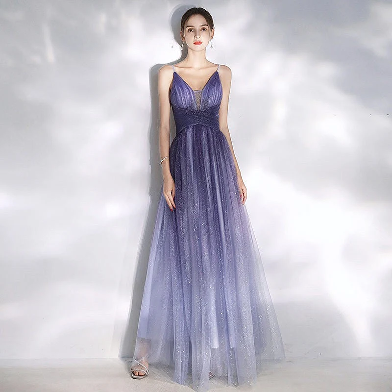 

Gradient Purple Glitter Prom Gowns Spaghetti Straps V-Neck Tulle Pleat A Line Long Fairy Wedding Party Guests Bridesmaid Dress