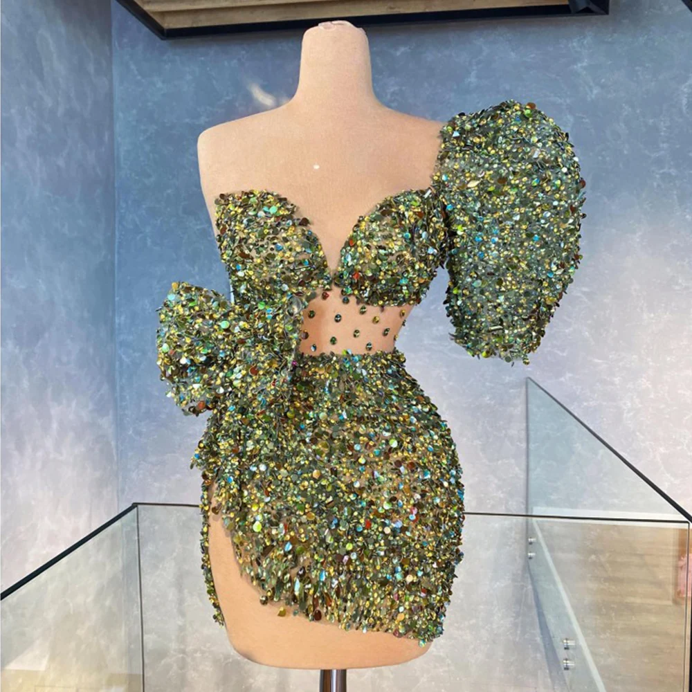 Robe De Soirée à paillettes pour femmes, courte, Sexy, scintillante, verte, personnalisée, élégante, modèle Dubai, 2023