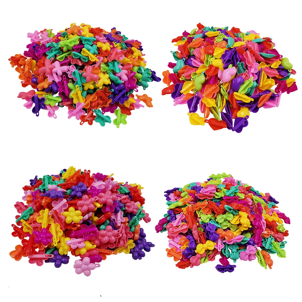 100PCS Sweet Colorful Heart Plastic side hairpins Kids girls butterfly bowhair clips hair accessories Frog bows hair barrettes