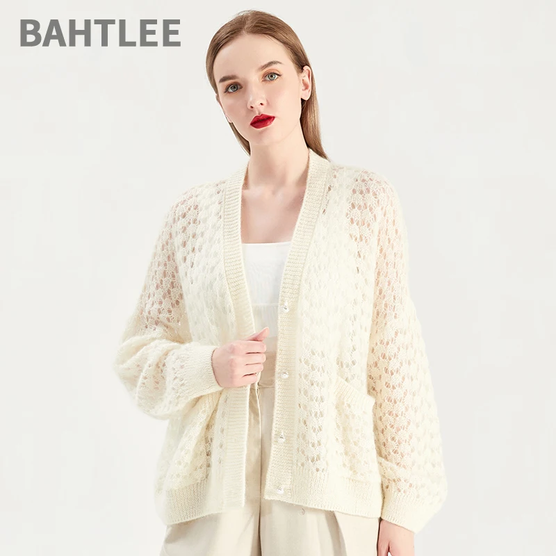 

BAHTLEE-Women's Mohair Knitting Cardigan with Pocket, Wool Sweater, Long Lantern Sleeves, Pearl Button, V-Neck, Autumn, Winter