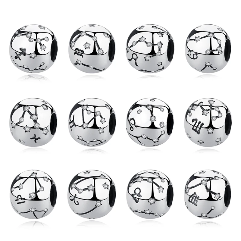 

Original 100% 925 Sterling Silver 12 Zodiacs Leo Virgo Aries Beads Charms Fit Pandora Bracelets Necklaces DIY Jewelry For Women