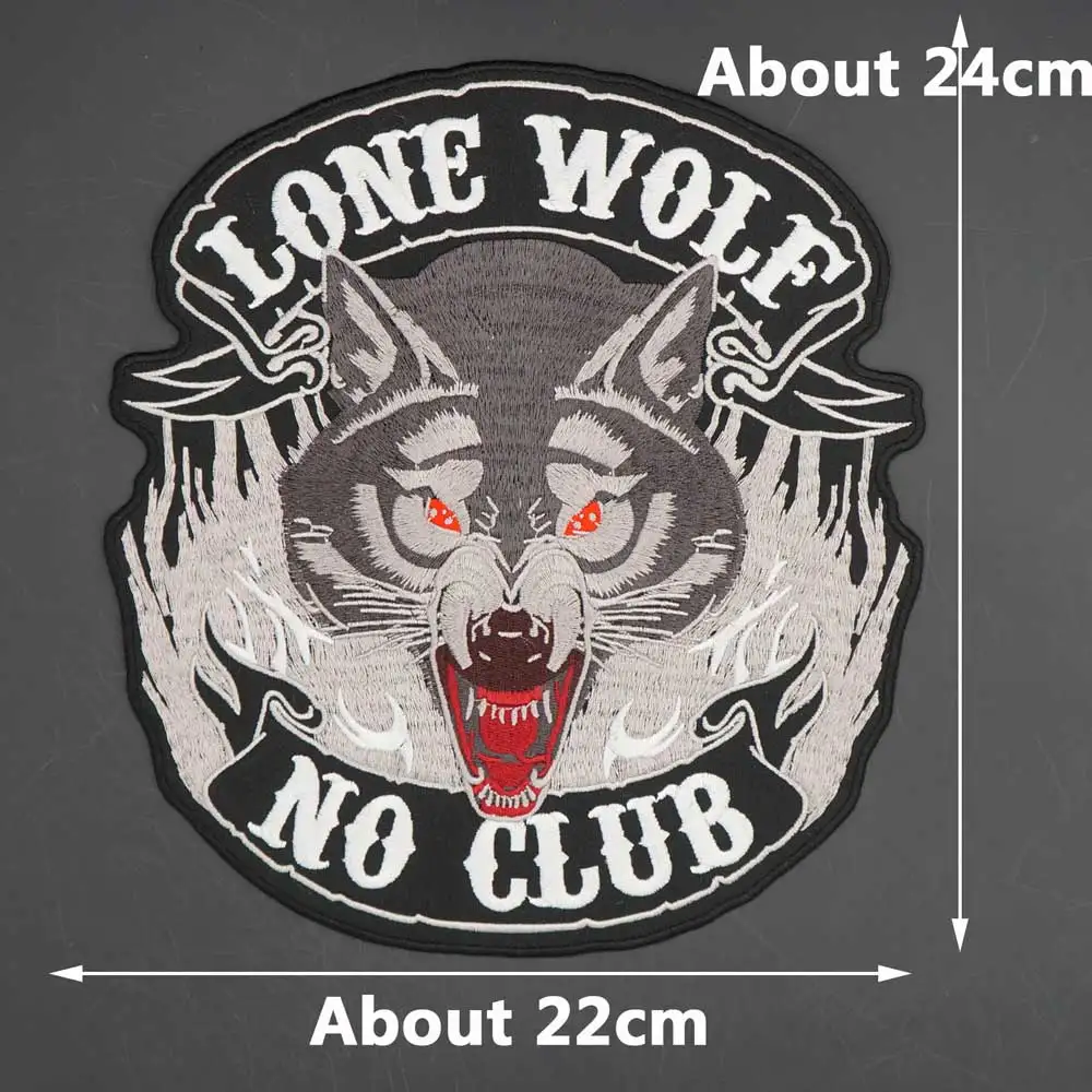 Lone Wolf No Club Patch da motociclista Punk con ricamo di grandi dimensioni per borse per cappelli di abbigliamento ferro sul retro