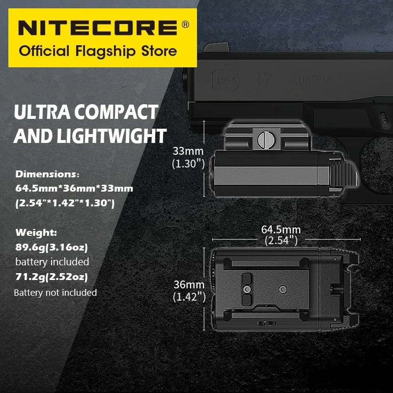 Nitecore-Lámpara táctica NPL20 de 460 lúmenes, Montaje compacto en Riel, linterna LED del ejército, foco táctico impermeable, batería CR123A
