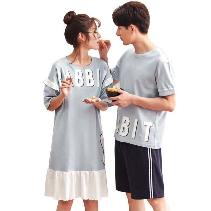 

100% Cotton Nightdress Summer Short Sleeve Sleepwear Couple Pajamas Set Cute Cartoon Pyjamas