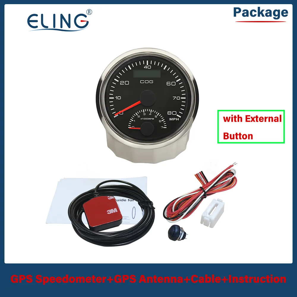 ELING 85mm (3 3/8'') 0-80MPH GPS Speedometer with COG  0-7000RPM Engine Rev Counter with GPS Antenna 12V 24V for Marine Boat