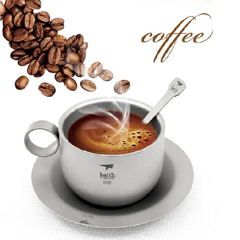 Keith titanium conjuntos de caneca de café com colher de prato café chá copos leite acampamento talheres titânio copo pires terno