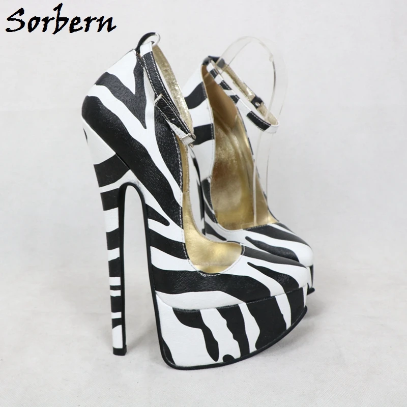 Sorbern Zebra Ankle Strap Pump Shoes Women Pointed Toe Platform Shoe 8 Inch High Heels Black And White Shoes Ladies Party Shoes