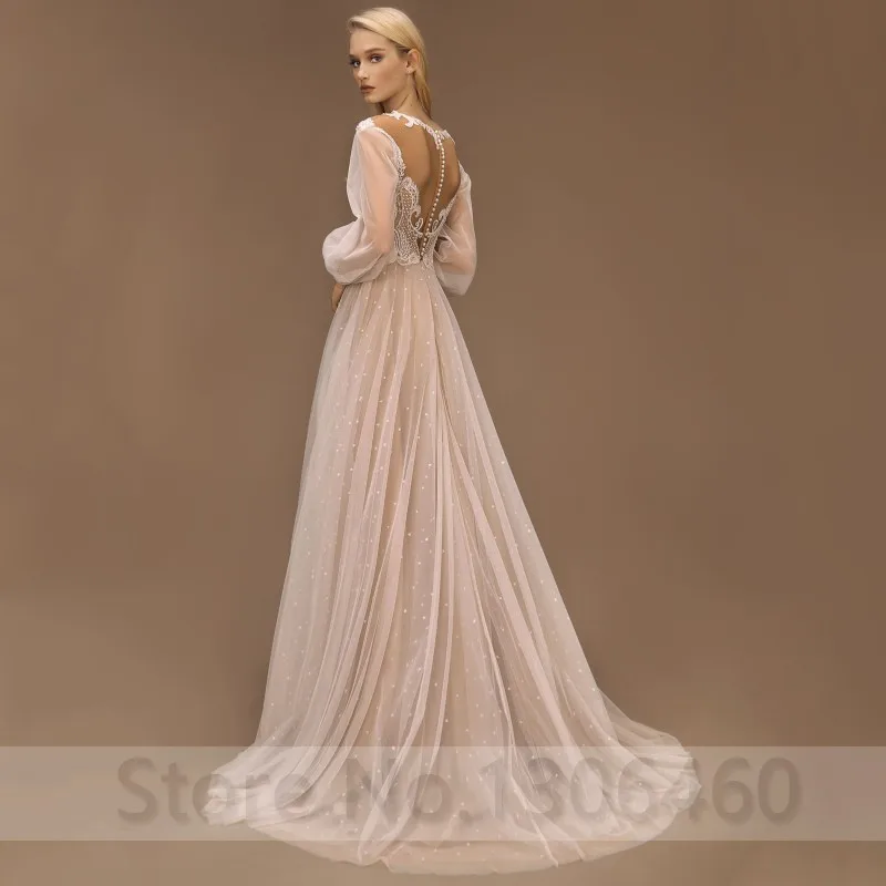 Thinyfull Robe de mariée A Line Dot Tulle Wedding Dress Long Puffy Sleeve Sheer O Neck Appliques Lace Floor Length Bride Gown