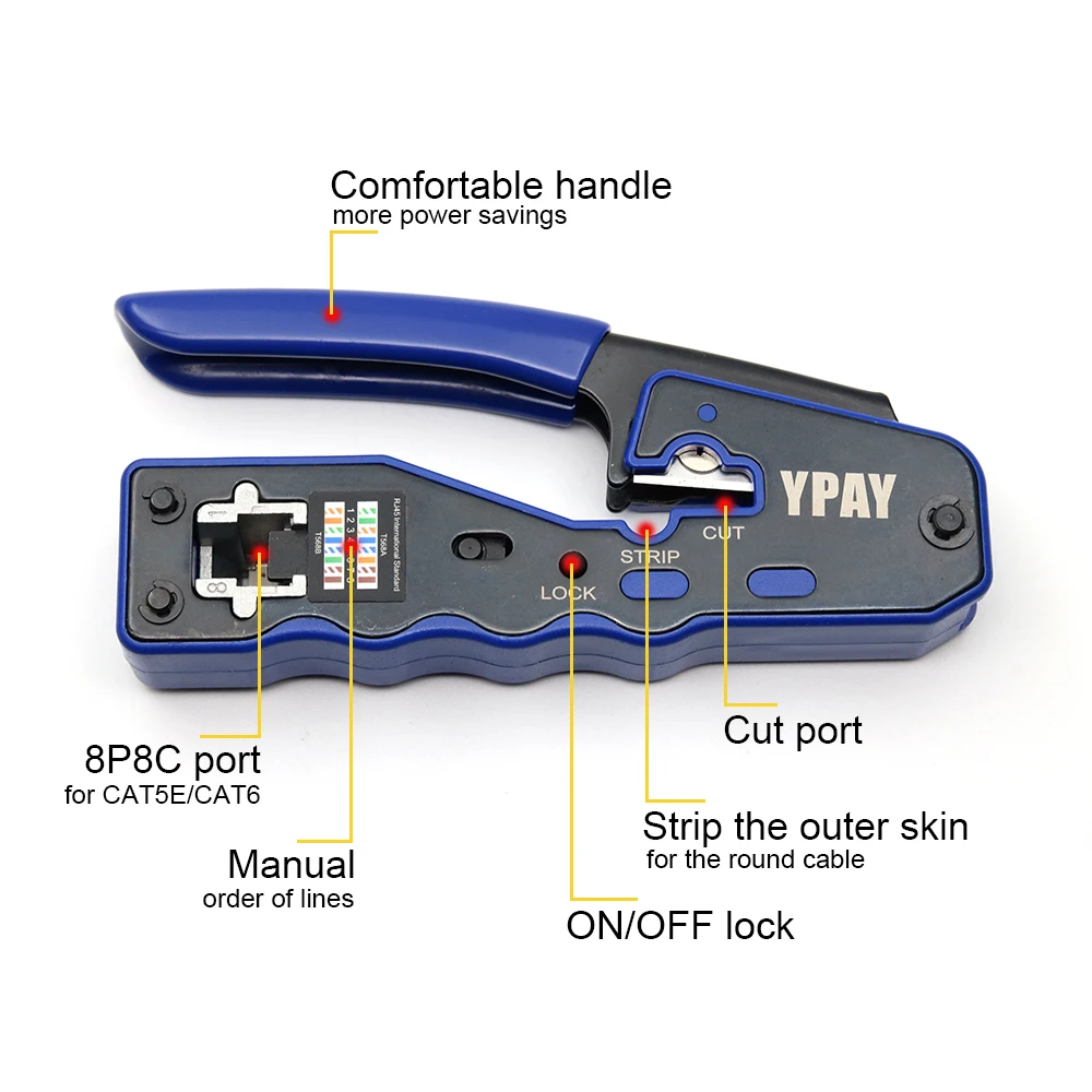 ตัวหนีบกด RJ45คีมคีมยำหัวเครือข่ายคีม CAT5e สายแลน + อีเธอร์เน็ตตัวเชื่อมสายไฟ CAT6หมวก UTP