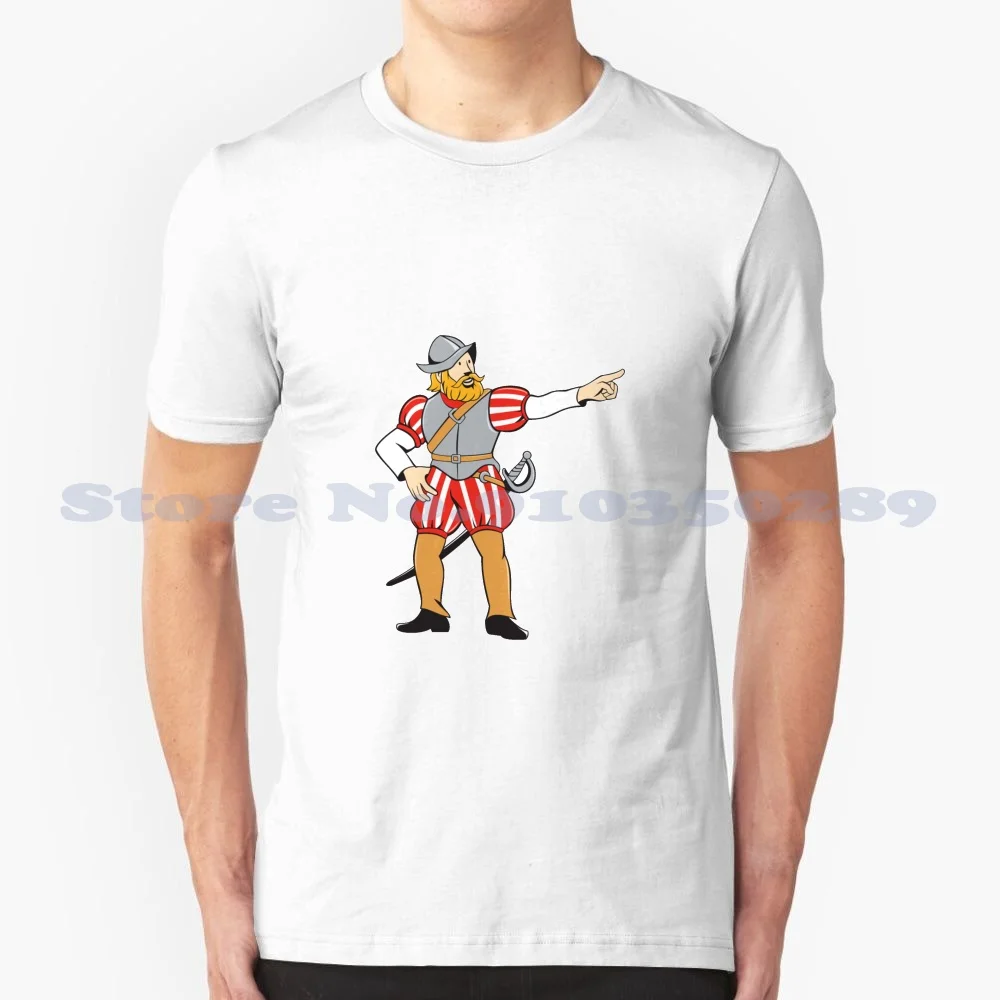 Spanish Pointing Isolated Cartoon 100% Cotton T-Shirt Spanish Warrior Soldier Explorer Europe Colonizer Pointing Man Mens