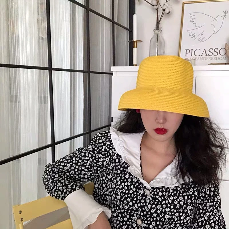 VRIGINER Hot Sale Women Yellow Straw Sun Hat Elegant Hepburn Big Wide Brim Foldable Anti-UV Beach Sun Floppy Hats Flat Caps Bob