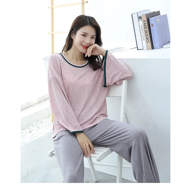 Autumn Ladies Pajamas Loose Casual Slim Round Neck Nine-Point Sleeve Trousers Color Matching Wide-Leg Pants Home Service Suit