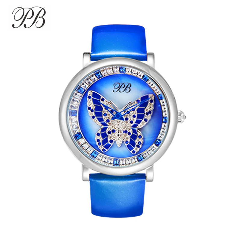 Princess Butterfly Luxury Brand Women Watches Rotatable Diamond Crystal Butterfly Waterproof Leather Quartz