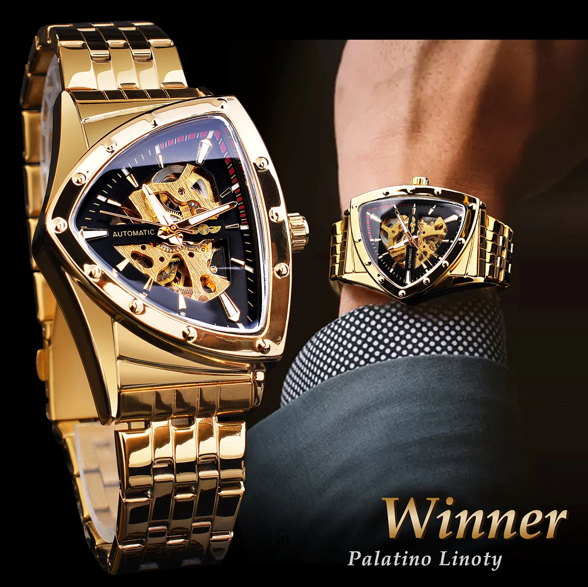 Winner Black Golden Luxury Dial for Men Automatic Mechanical Watches Skeleton Wristwatch Irregular Stainless Steel Strap Relogio