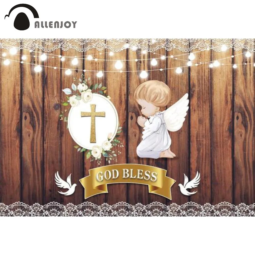 Allenjoy Holy Communion Lace Wallpaper Background Golden Flower Cross Decor Angel Baby Shower Photography Backdrops Table Cover