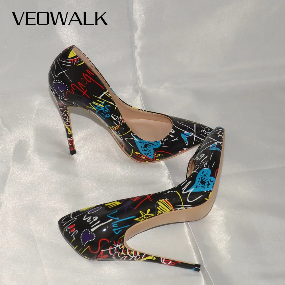 Veowalk Artistic Graffiti Print Women Sexy Stiletto High Heels Black Ladies Party Pointed Toe Pumps Shoes Customized Accept