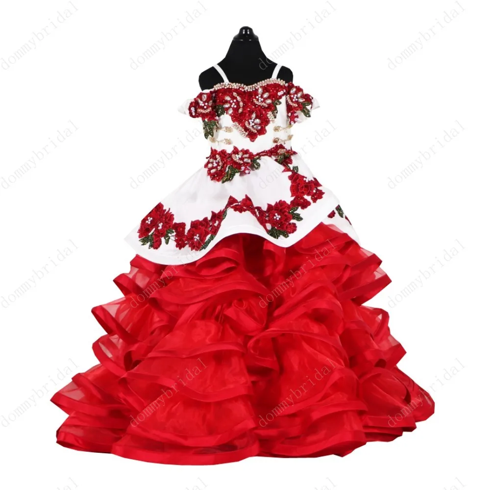 Vestido de fiesta con lazo de encaje Floral 3D para niños, vestidos de flores con mangas, Charra con volantes, color rojo y blanco, 2023