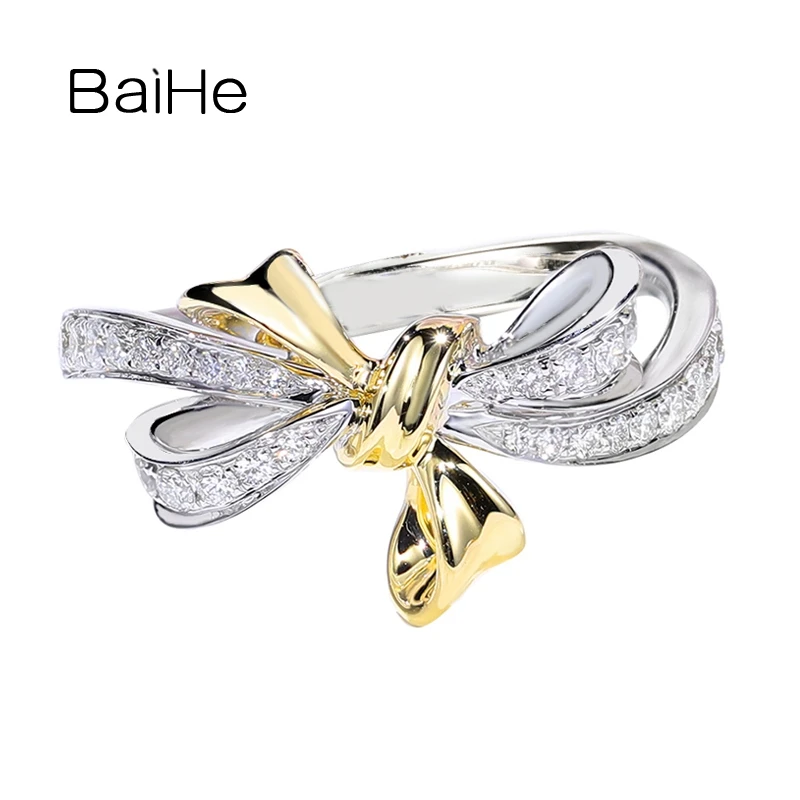 

BAIHE Solid 14K White Yellow Gold H/SI Natural Diamond Daily Leisure Bowknot Ring Women Engagement Wedding Trendy Fine Jewelry