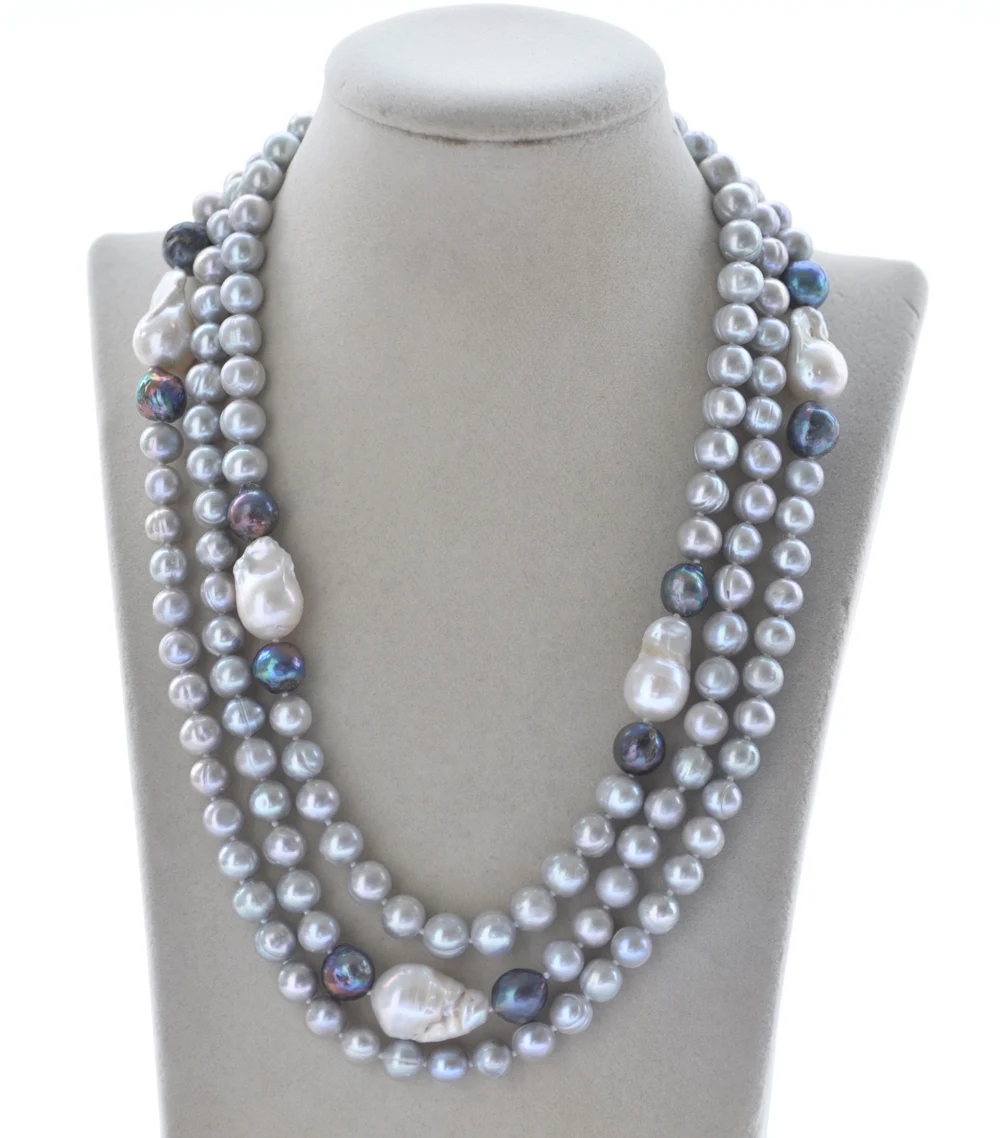 

MCT·STAR Z10707 3Row 19" 17mm Gray Round Black Keshi Baroque Pearl Necklace