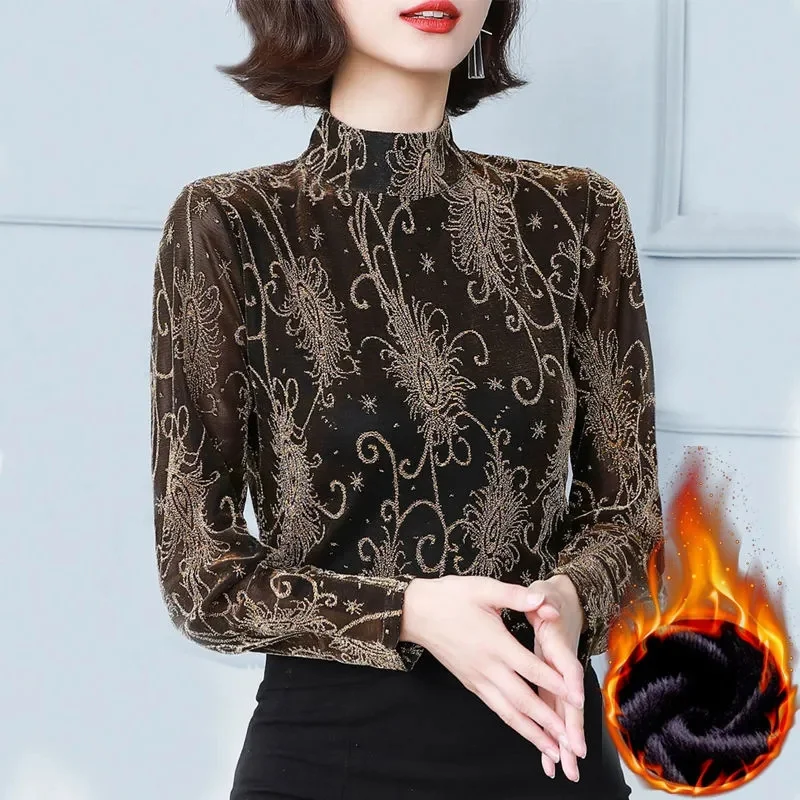 

Half High Collar Velvet Female 2022 Bottoming Shirt New Bright Silk Blouse Women Flashing Silk Lace Small Shirt Women T-Shirt