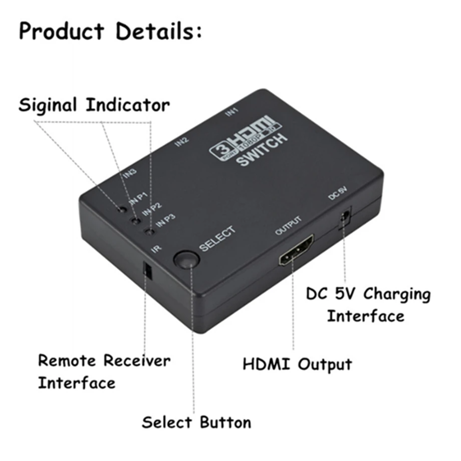 PzzPss HDMI przełącznik 3 w 1 na zewnątrz 3 porty skrzynia rozdzielacza Auto przełącznik 1080p HD 1.4 z pilotem do telewizora HDTV XBOX360 DVD