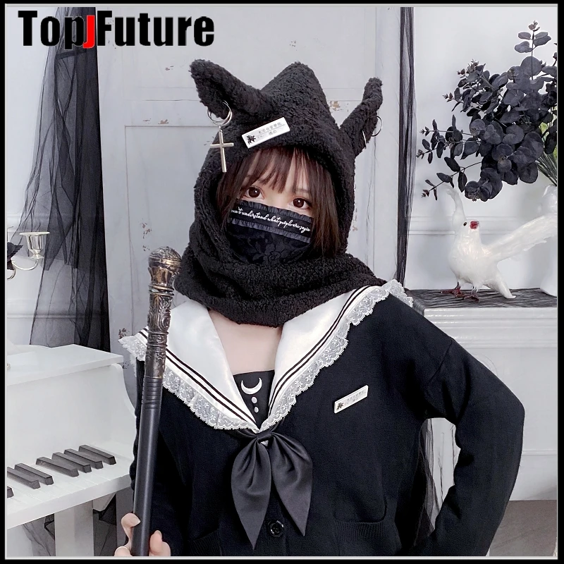 Japanese Harajuku Y2K Girls Long Rabbit Ear Hat Gothic Black Cross Chain Lambswool Winter Warm Hooded Scarf Caps Streetwear Hats