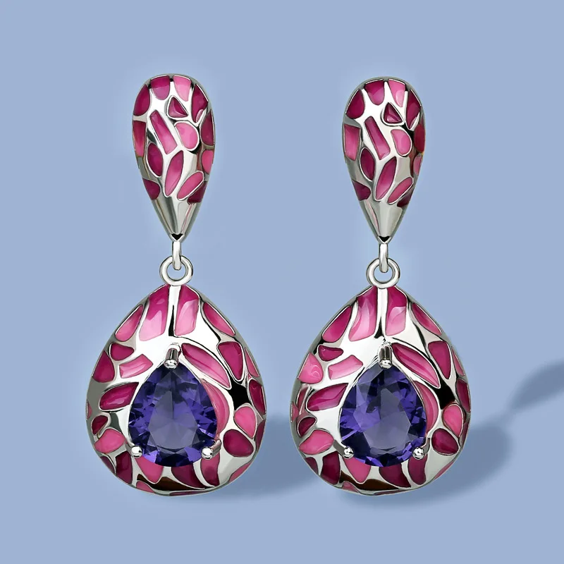 Hot Sale 925 Silver Purple Zircon Pink Epoxy Irregular Earrings Creative Ladies Exquisite Jewelry Handmade Enamel Women Jewelry