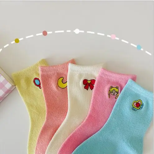 Girls socks 5Pairs/Lot 1-12Year 2022 autumn solid color cartoon embroidery bow children's tube socks