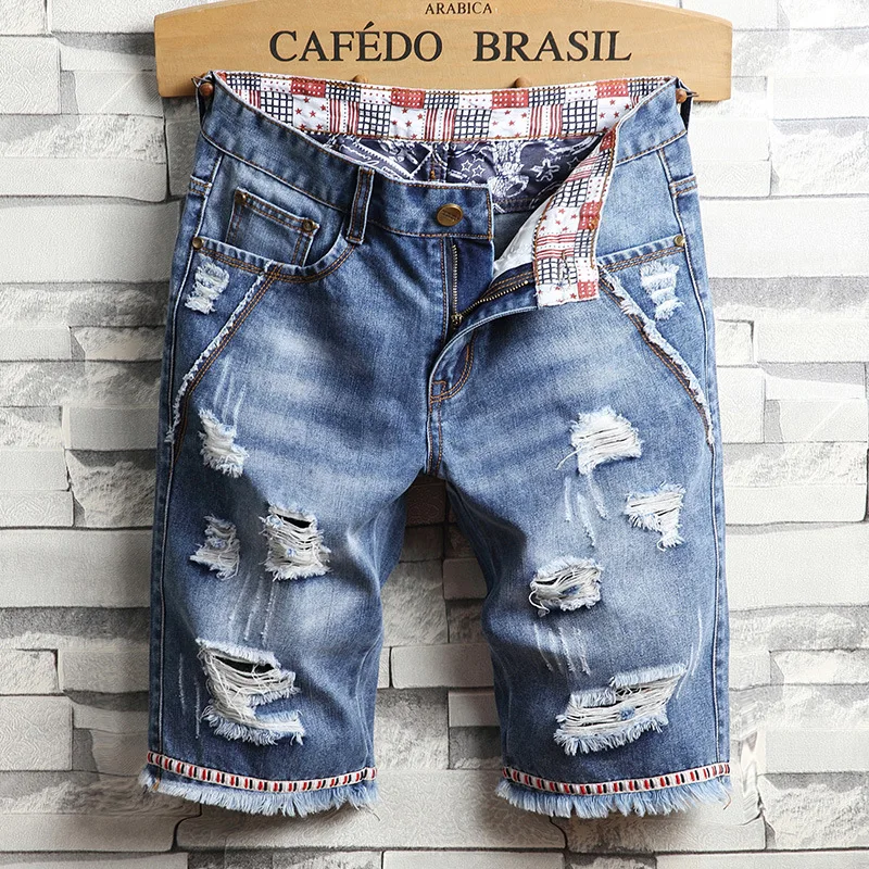 

EL BARCO Ripped Holes Hip Hop Men Jeans Shorts Summer Cotton Scratches Blue Vintage Denim Pants Slim Knee Length Male Trousers