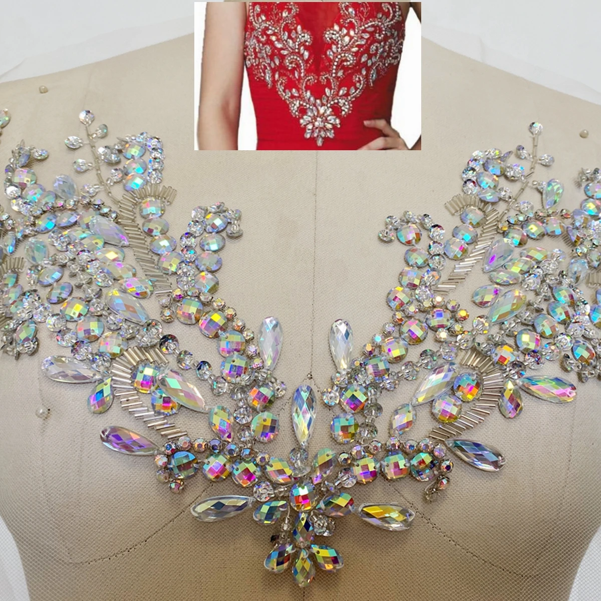 A17 Handmade  crystals trim patches  sew on Rhinestones clear AB colour  applique  34*25cm for top dress skirt accessory