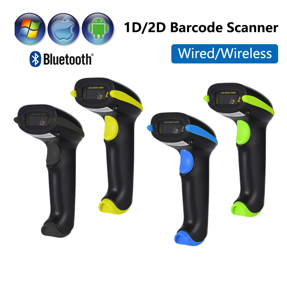 Wired Barcode Scanner Wireless 1D/2D Laser USB Bluetooth BarCode Reader Waterproof Code Reader Bar Gun with Stand Multi Language