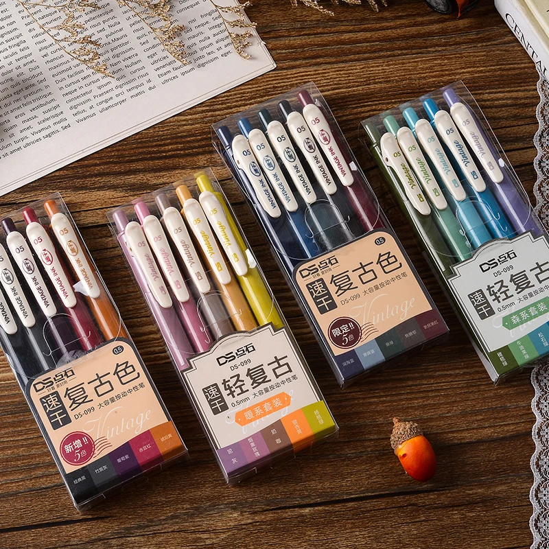 4sets Retractable Vintage Color Gel Pen Quick Dry Ink 0.5mm Retro Pen for Planner Drawing School Office Stationery Refill