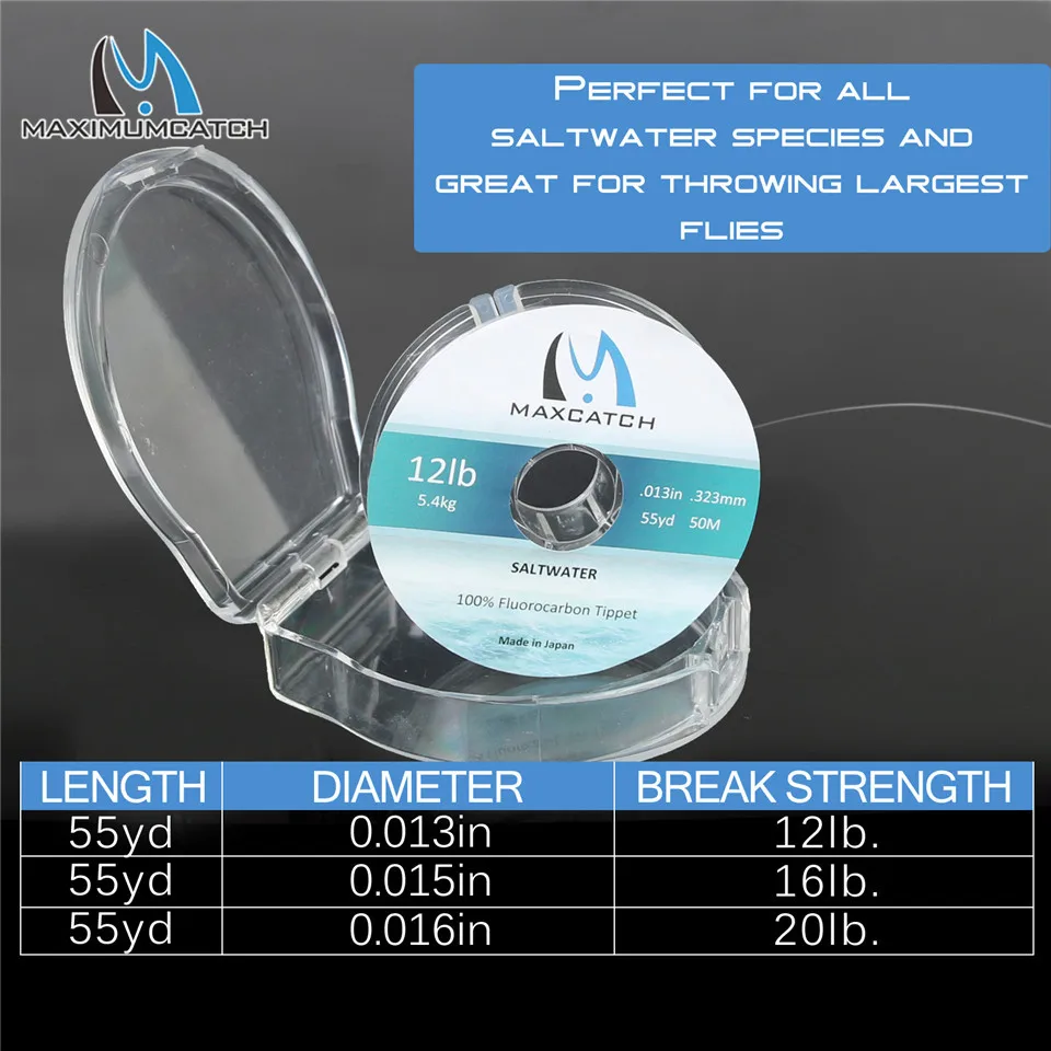 Maximumcatch 100% Pure Fluorocarbon Saltwater Tippet Fishing Line 12-20LB Test Leader Fly Line Fast Sinking 50M