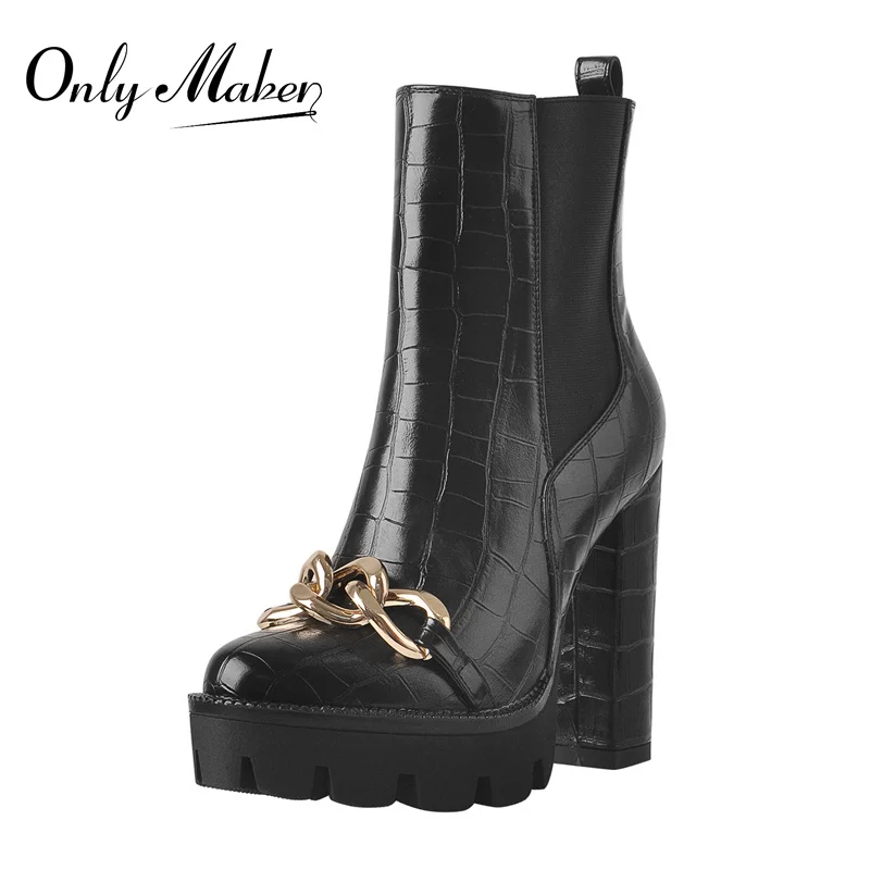 Onlymaker Platform Ankle Boots For Women Matte Black Stone Print Metal Chain Chunky High Heels Zipper Large Size Booties