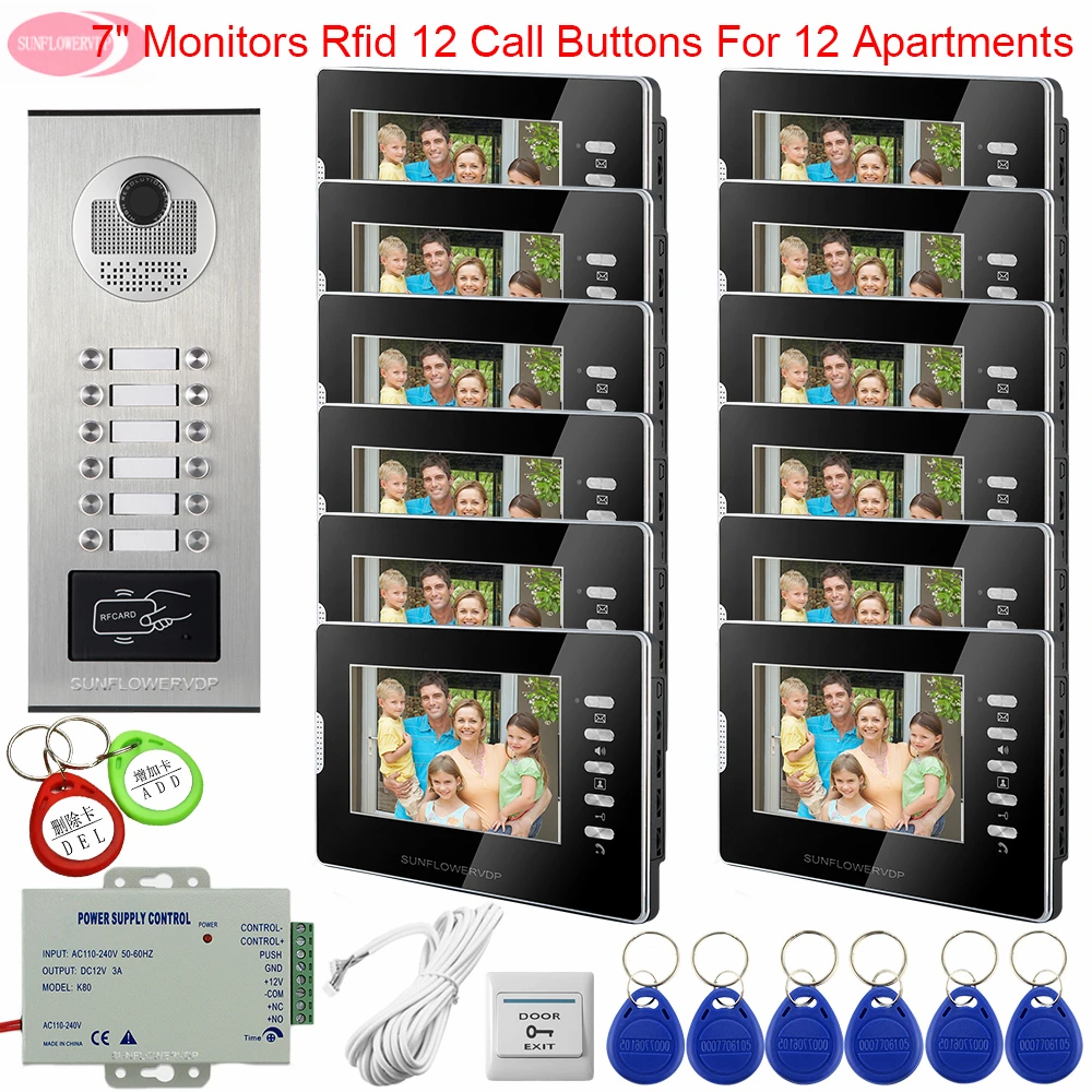 7inchs White/Black For Choose Home Intercom Door Station For Video Intercom Access Control 12 Monitors Video Door Phone Doorbell