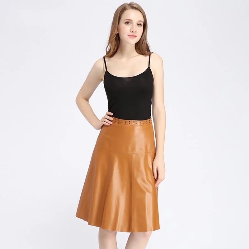 

Sheepskin Streetwear Real Leather Midi Skirts Women Office Lady Rivets High Waist Pleated Skirts Luxury Elegant A-Line Skirts