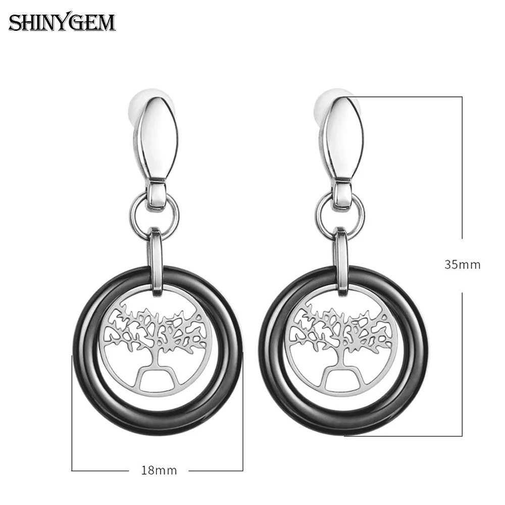 2020 Korean Black White Pottery Classic Titanium Stainless Steel Ceramic Eardrop Fashion Tree Hollow Earrings For Women Girl